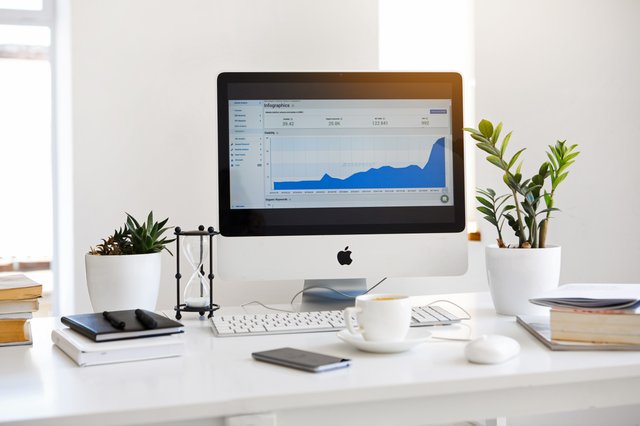 An iMac desktop computer with an analytics dashboard on the screen, sitting on top of a computer desk with plants, coffee, books, and other objects on the desk.